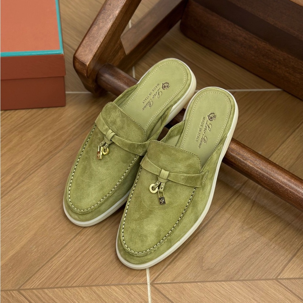 Loro Piana summer charms walk loafer, size 38. Ribbon green suede.